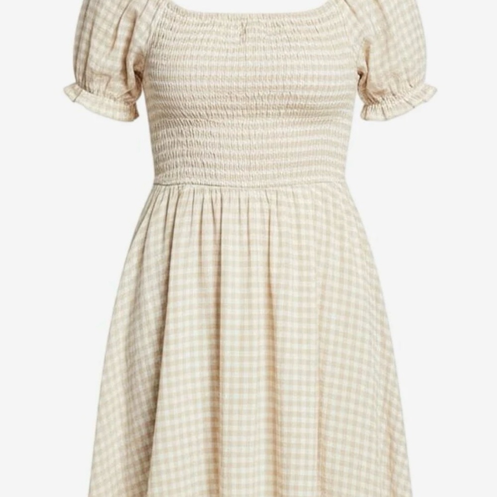 Rachel Parcell Beige Gingham Smocked Midi Dress